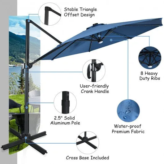 10 Ft Patio Offset Cantilever Umbrella with Solar Lights-Blue