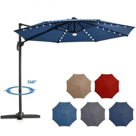 10 Ft Patio Offset Cantilever Umbrella with Solar Lights-Blue