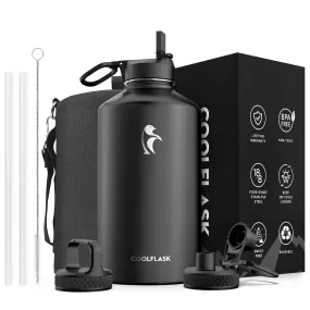 128 oz Water Bottle Insulated Gallon Water Jug with Reusable Straw & Spout Lid, Coolflask Vacuum Stainless Steel Wide Mouth Gallon Thermo Canteen Mug, Sweat-Proof BPA-Free Keep Cold for 48 Hrs or Hot for 24 Hrs, Magic Black