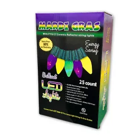 16' LED Purple, Green and Gold Mardi Gras String Lights with Retro Shaped Bulbs - 25 Lights (Each)