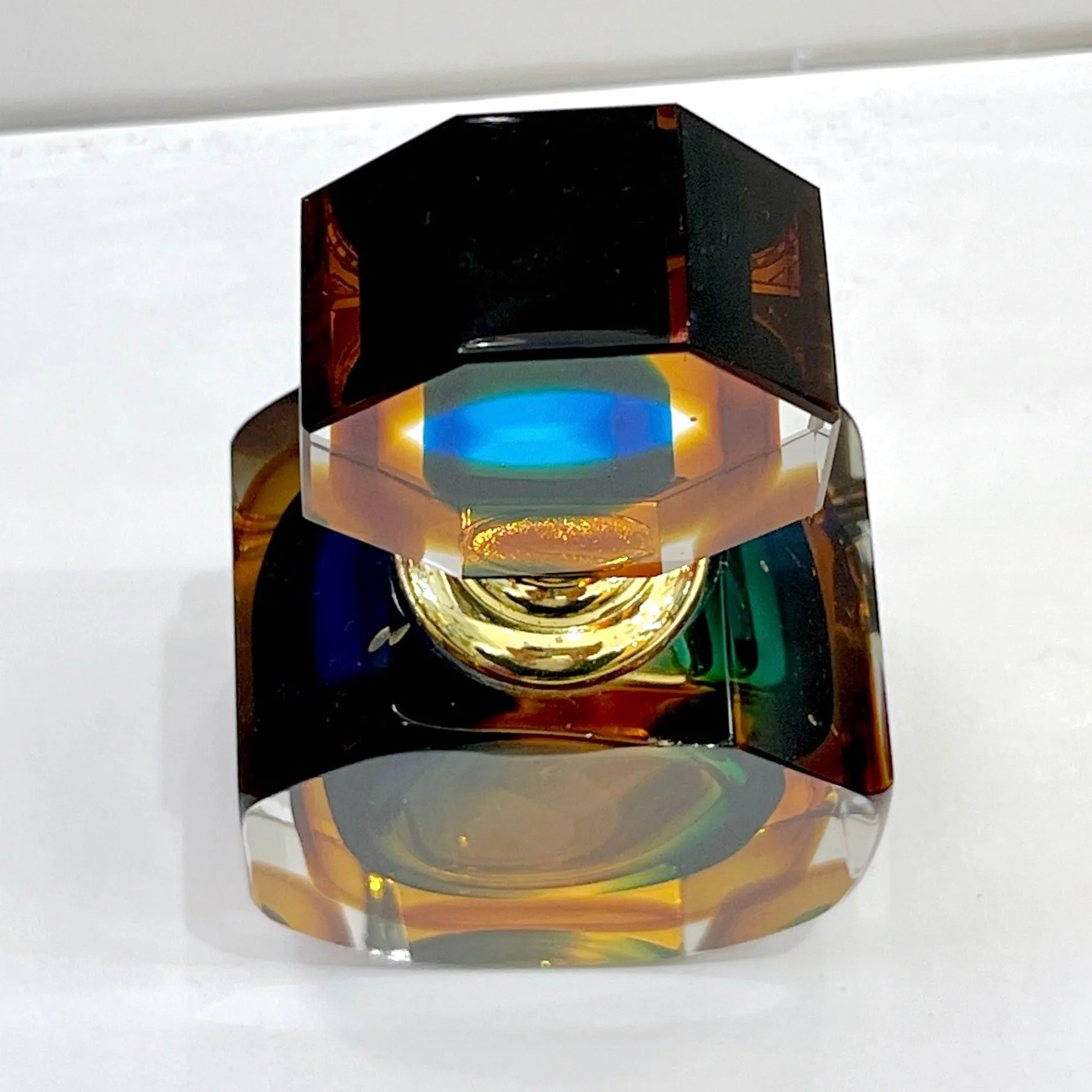 1990s Modern Italian Blue Green Amber Murano Glass Diamond Cut Perfume Bottle