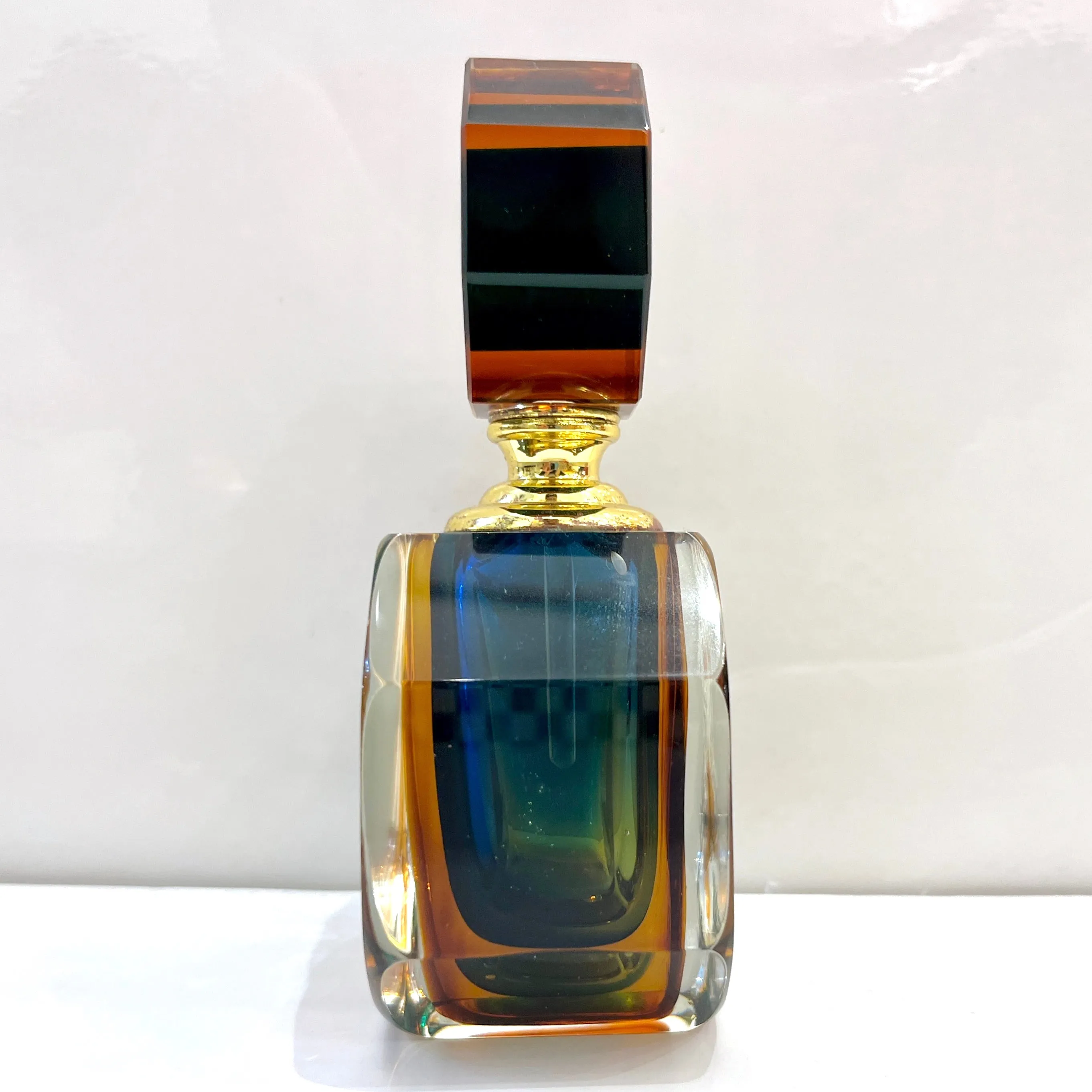 1990s Modern Italian Blue Green Amber Murano Glass Diamond Cut Perfume Bottle