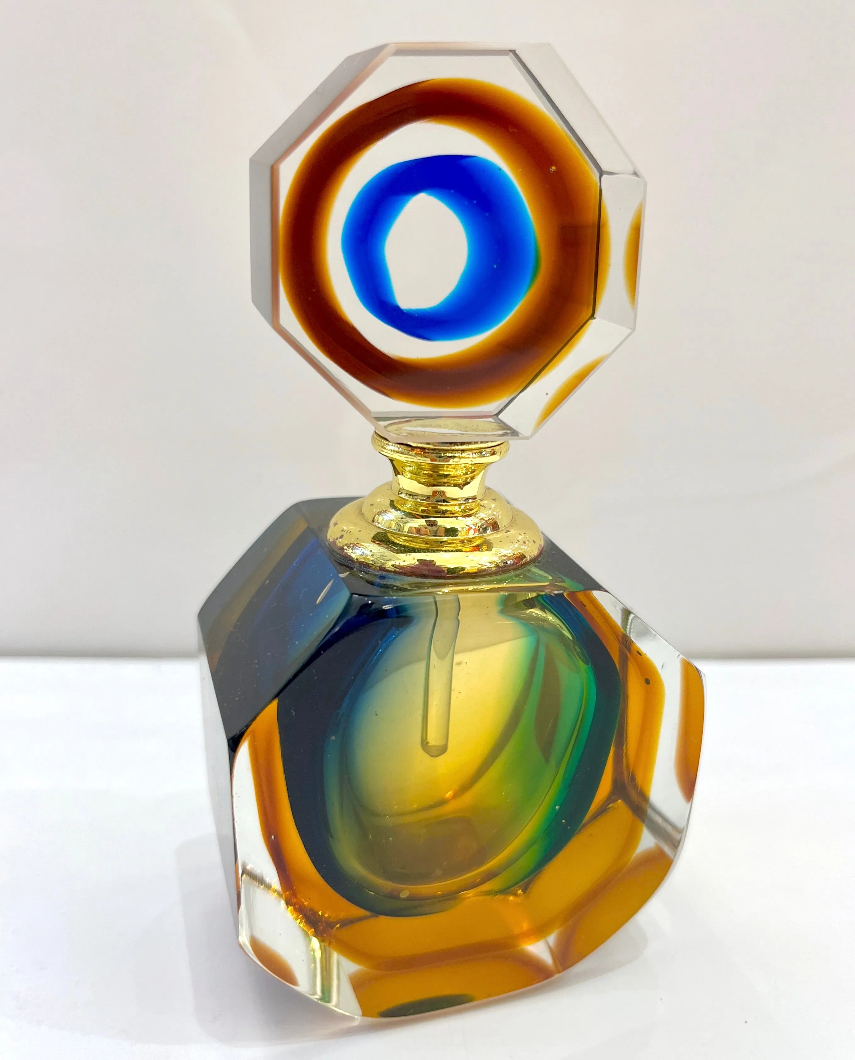 1990s Modern Italian Blue Green Amber Murano Glass Diamond Cut Perfume Bottle