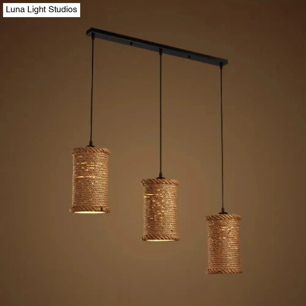 3-Head Brown Rope Pendant Light for Dining Room Ceiling with Round/Linear Canopy