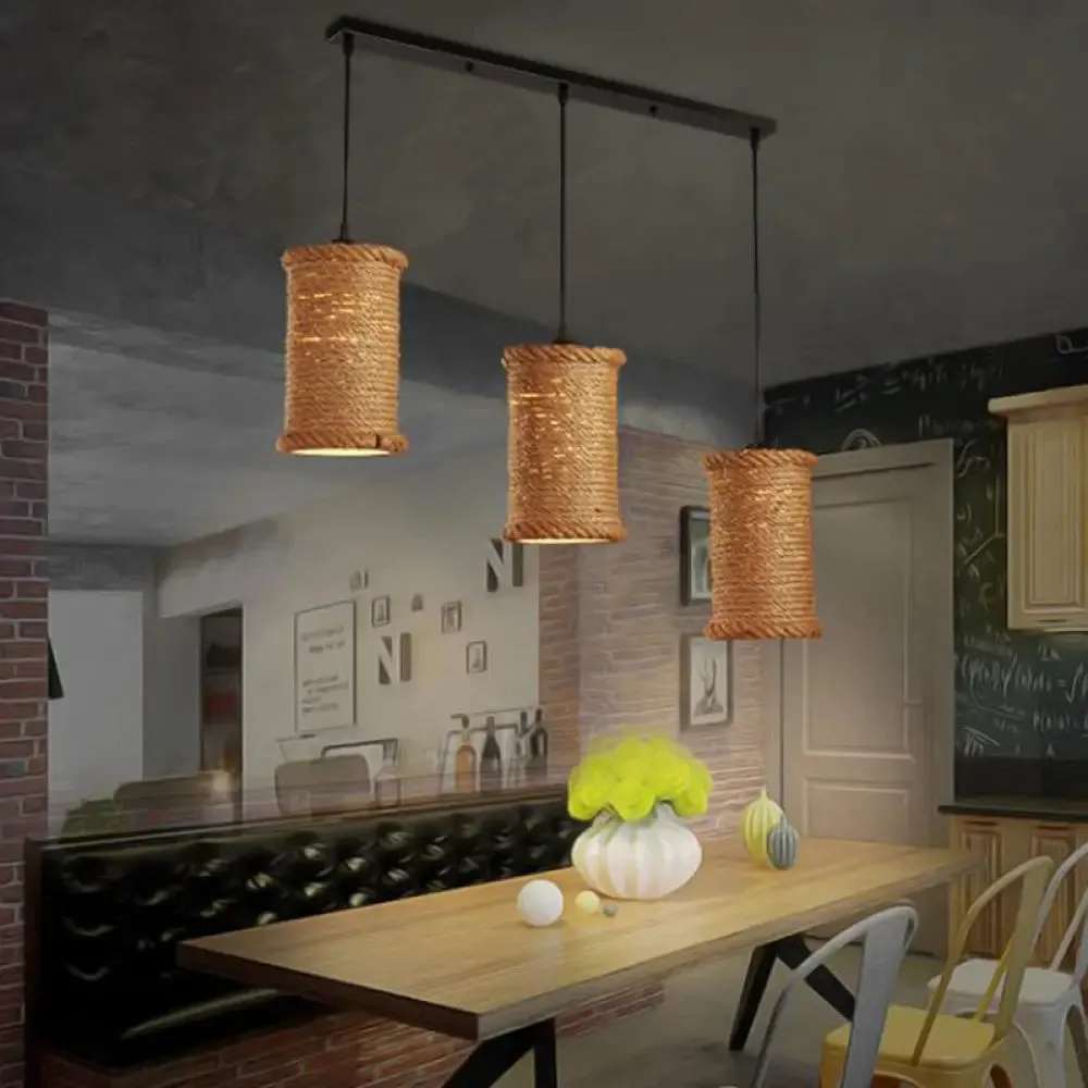 3-Head Brown Rope Pendant Light for Dining Room Ceiling with Round/Linear Canopy