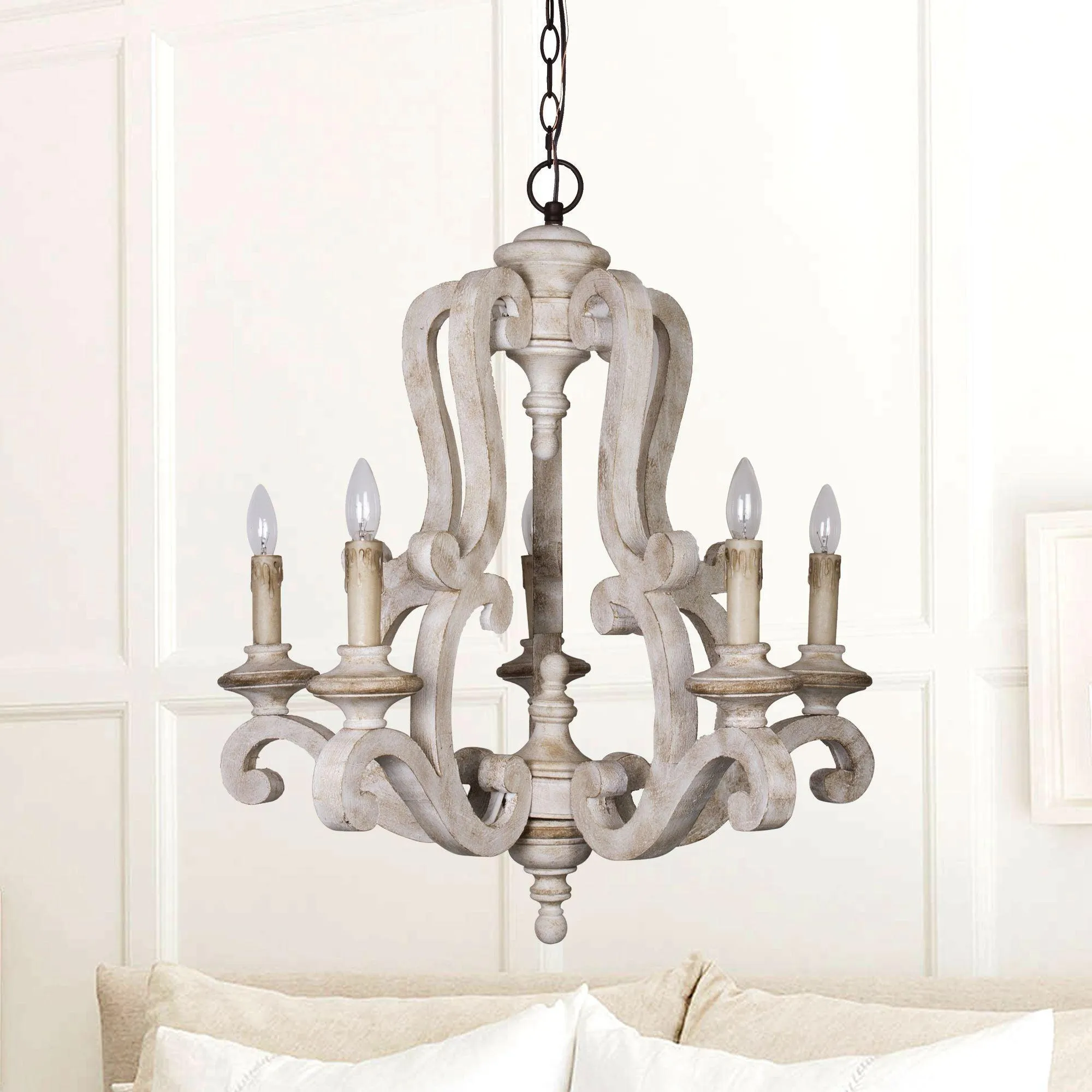 5-Lights Antique Wooden Candle Chandelier