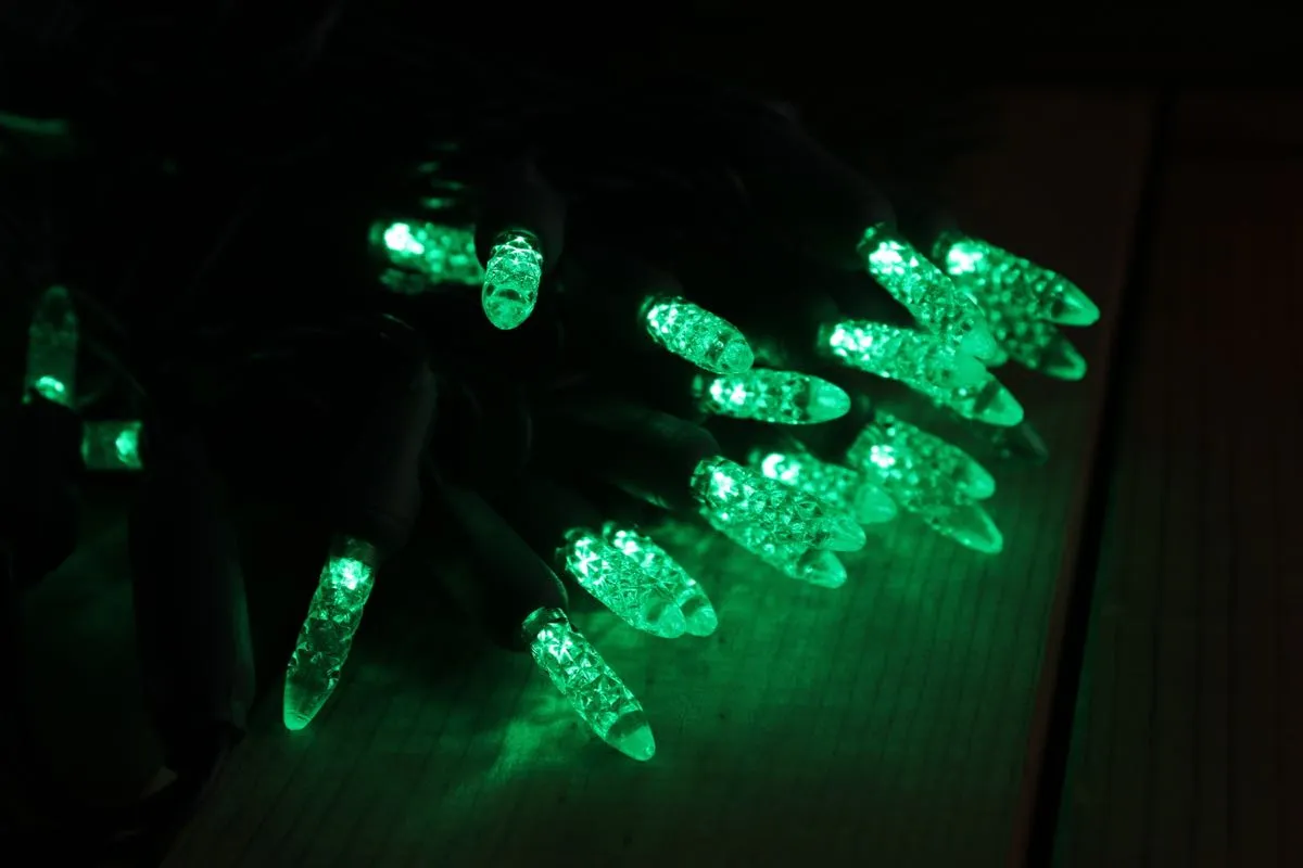 50-light  M5 Green LED Christmas Lights, 4" Spacing Green Wire Wire