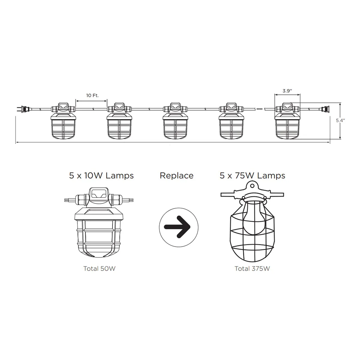 50ft LED Construction String Light, 50 Watts, 6000 Lumens, 5 Lights per String, 120V