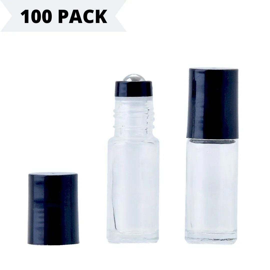 5ml Clear Glass Roller Bottle with Black Lid **100 Pack**