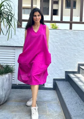 Avni Solid Pocket Handloom Cotton Dress Hot Pink