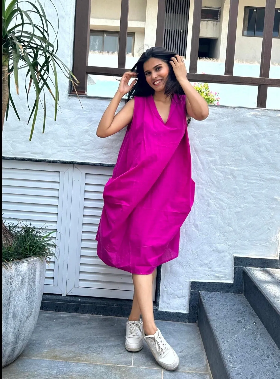 Avni Solid Pocket Handloom Cotton Dress Hot Pink