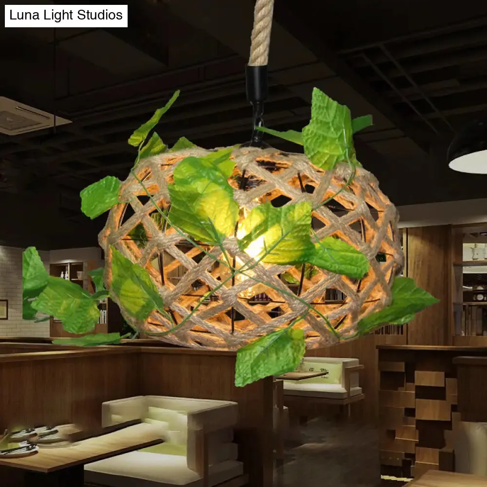 Beige Drum Ceiling Light with Industrial Hemp Rope & Ivy Decor - Single Pendant Light for Restaurants