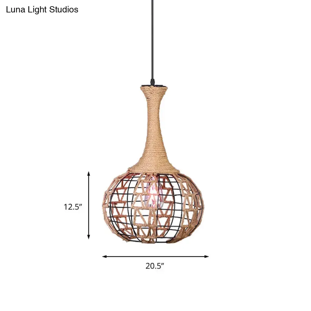 Beige Nautical Globe Cage Pendant Light with Metal & Rope Suspension - Ideal for Dining Room - 1 Light