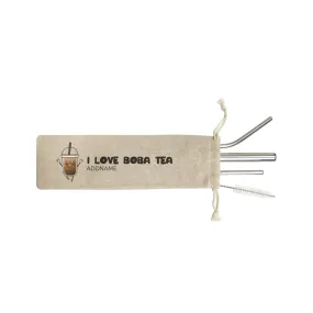 Boba Series I Love Boba Tea Addname 4-in-1 Stainless Steel Straw Set In a Satchel