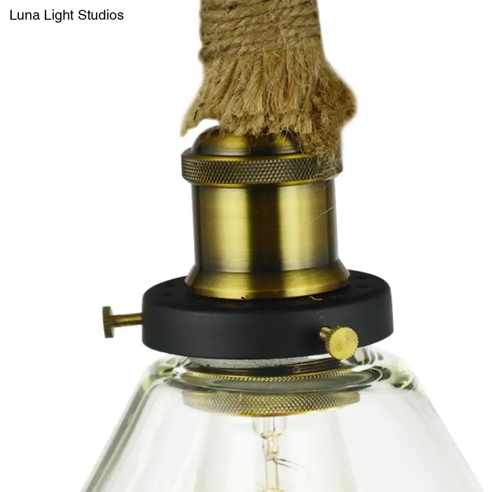 Brass Adjustable Rope Cone Pendant Light with Clear Glass - Industrial Style