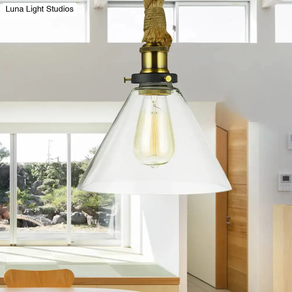 Brass Adjustable Rope Cone Pendant Light with Clear Glass - Industrial Style