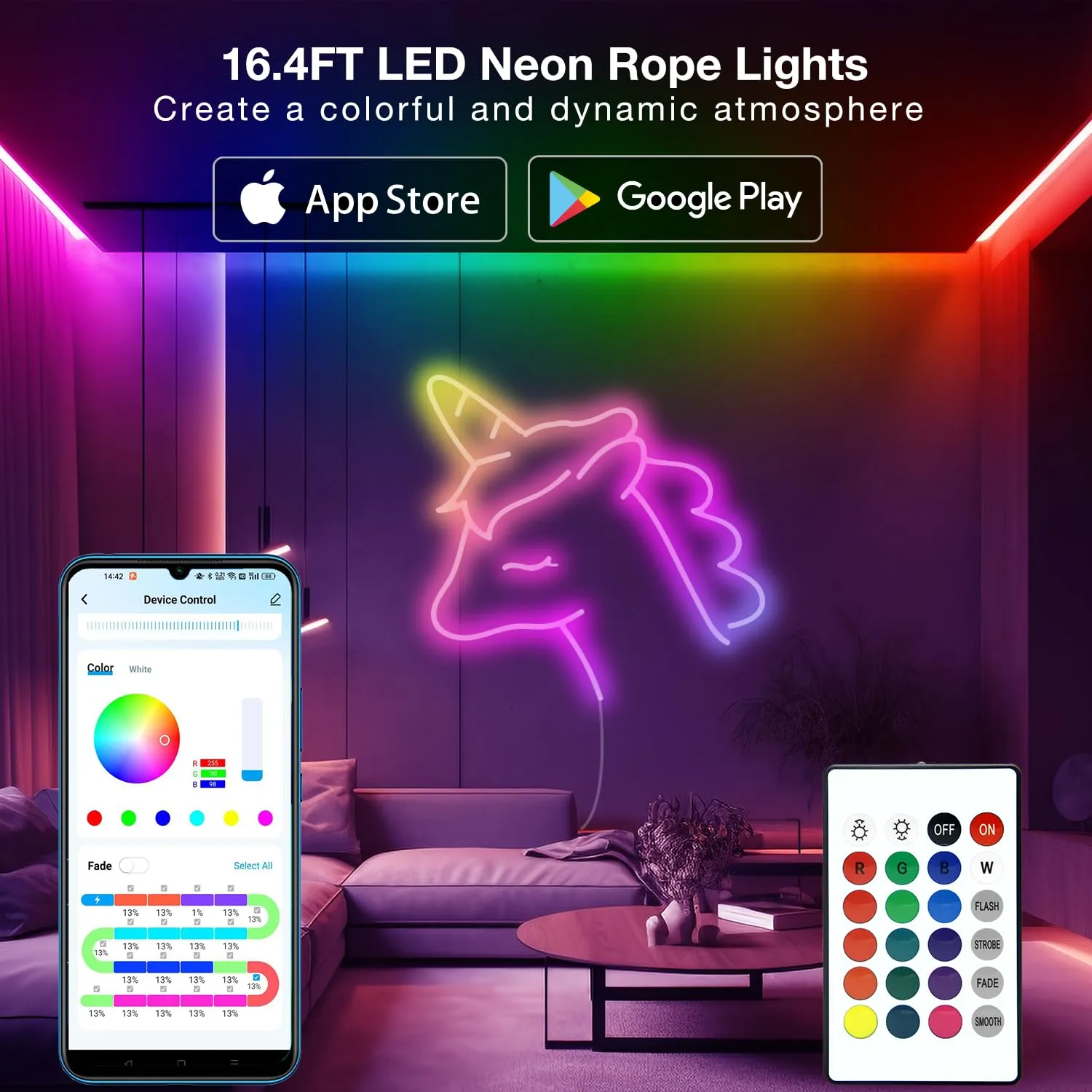 DAYBETTER LED Neon Rope Lights,16.4FT Neon Strip Lights with Bluetooth App Remote Control,IP67 Waterproof Flexible DIY Design, Music Sync, Cuttable Rope Lights for Bedroom Gaming Indoor Outdoor Decor