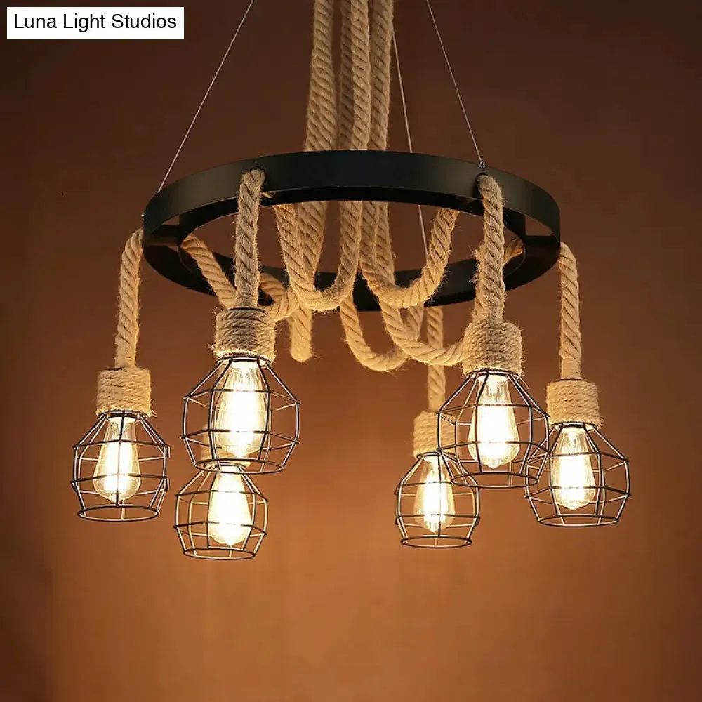 Dome Cage Retro Style Ceiling Pendant Light - 4/6 Bulbs, Brown Rope and Metal Chandelier for Hallway