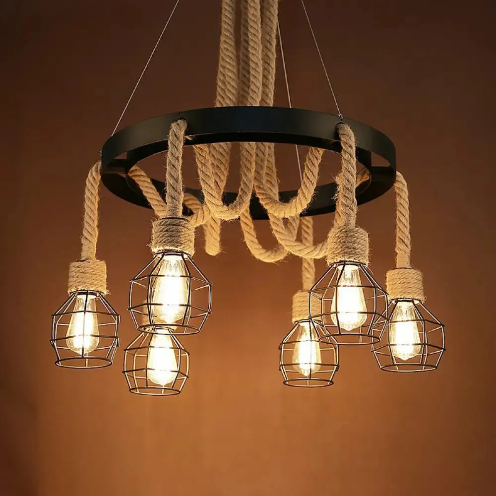 Dome Cage Retro Style Ceiling Pendant Light - 4/6 Bulbs, Brown Rope and Metal Chandelier for Hallway