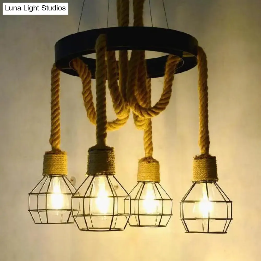 Dome Cage Retro Style Ceiling Pendant Light - 4/6 Bulbs, Brown Rope and Metal Chandelier for Hallway