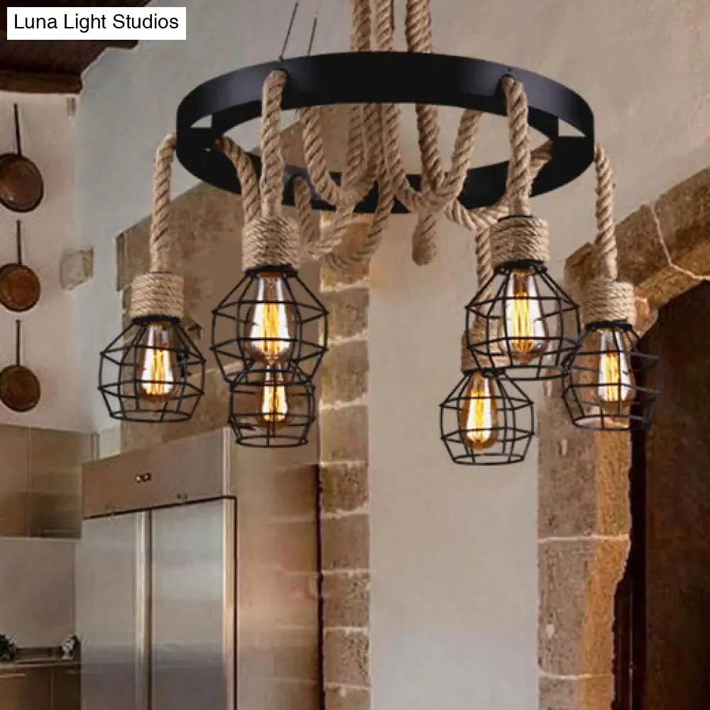 Dome Cage Retro Style Ceiling Pendant Light - 4/6 Bulbs, Brown Rope and Metal Chandelier for Hallway