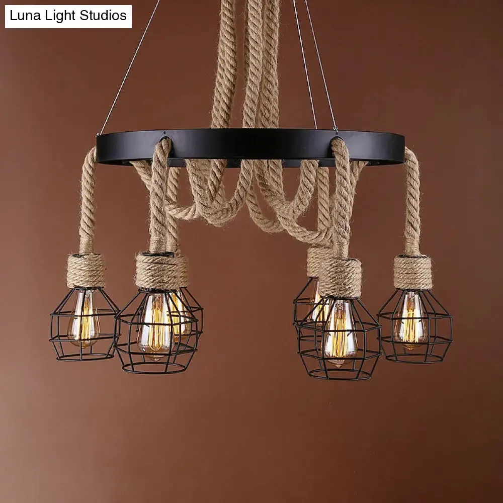 Dome Cage Retro Style Ceiling Pendant Light - 4/6 Bulbs, Brown Rope and Metal Chandelier for Hallway