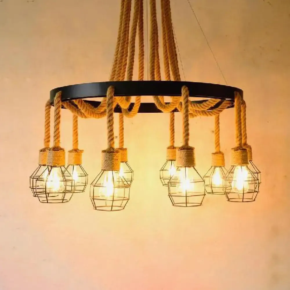 Dome Cage Retro Style Ceiling Pendant Light - 4/6 Bulbs, Brown Rope and Metal Chandelier for Hallway