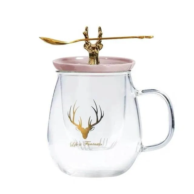 Double Wall Glass Cup With Deer Shape Ceramic Lid