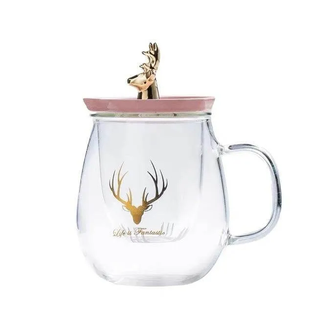 Double Wall Glass Cup With Deer Shape Ceramic Lid