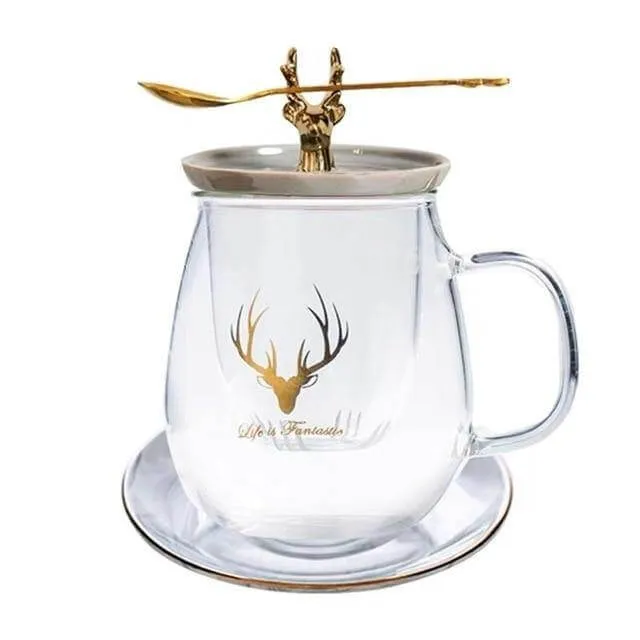 Double Wall Glass Cup With Deer Shape Ceramic Lid