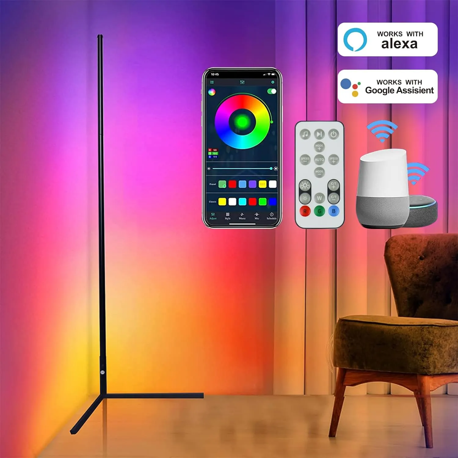 Dynamic RGB IC LED Floor Lamp, Voice Control, 1500 Lumens