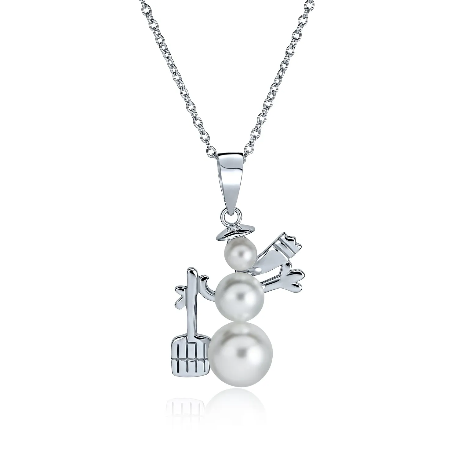 Elegant Winter White Pearl Snowman Pendant Necklace in Sterling Silver