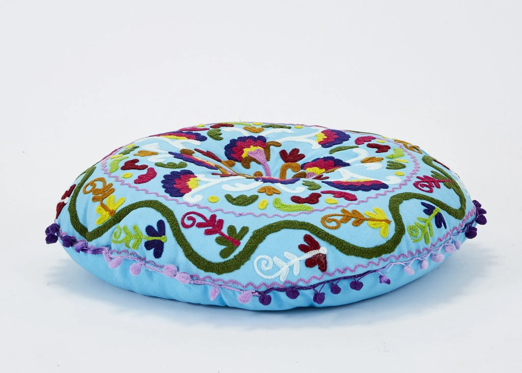 Embroidered Suzani Round Padded Floor Cushion.