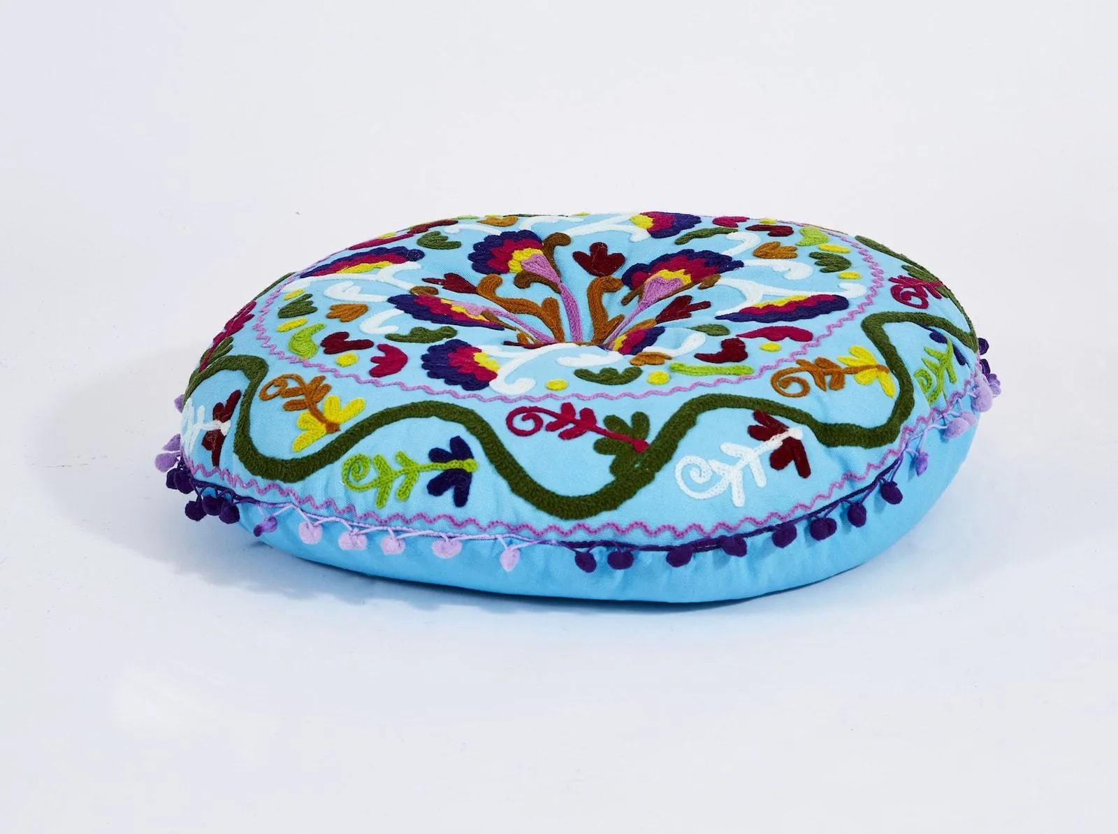 Embroidered Suzani Round Padded Floor Cushion.