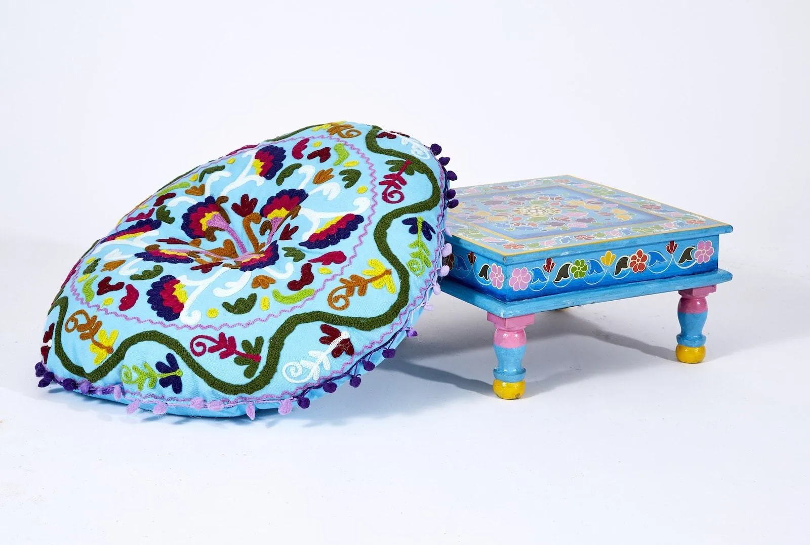 Embroidered Suzani Round Padded Floor Cushion.