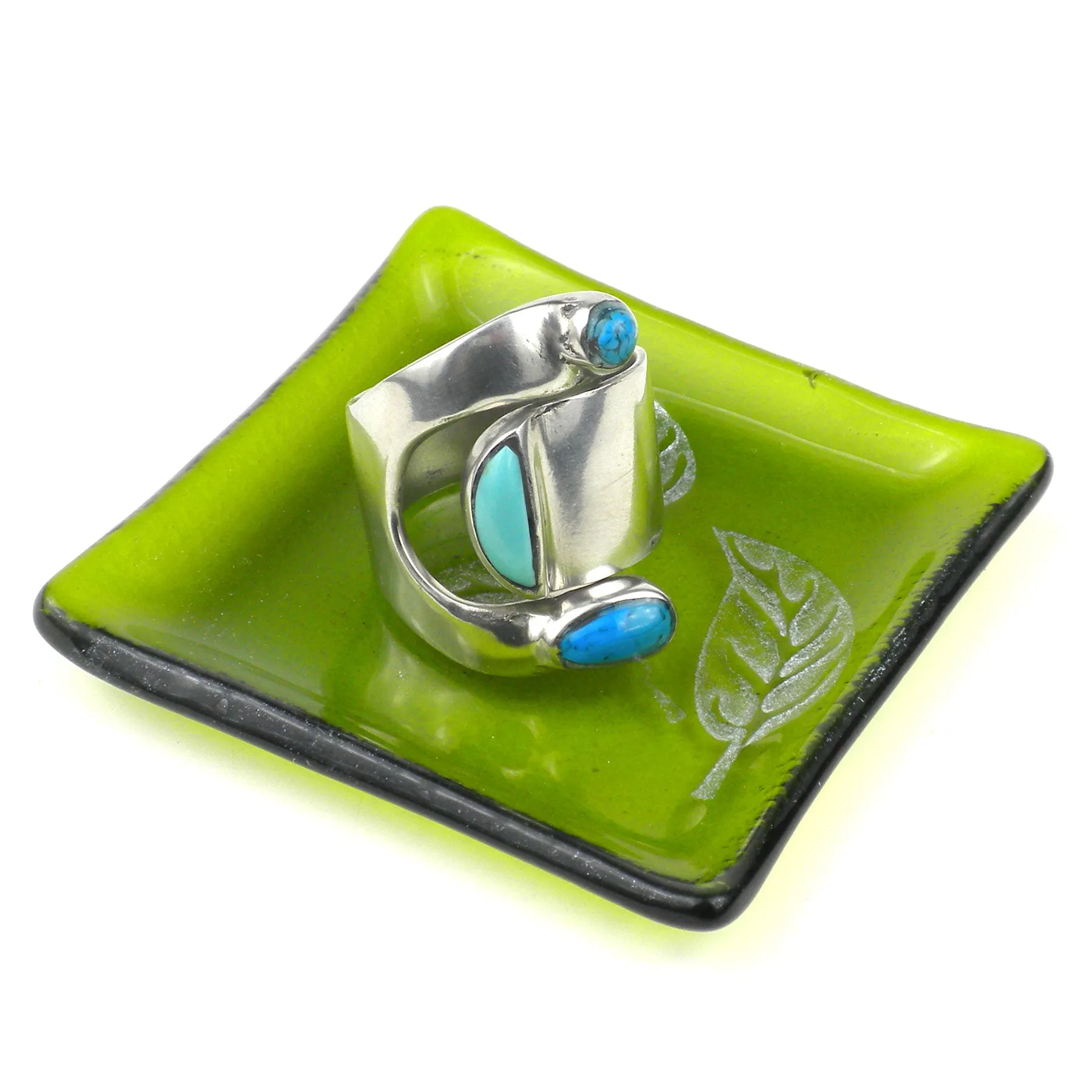 Etched Leaf Recycled Green Glass Ring Tray Tili Glass