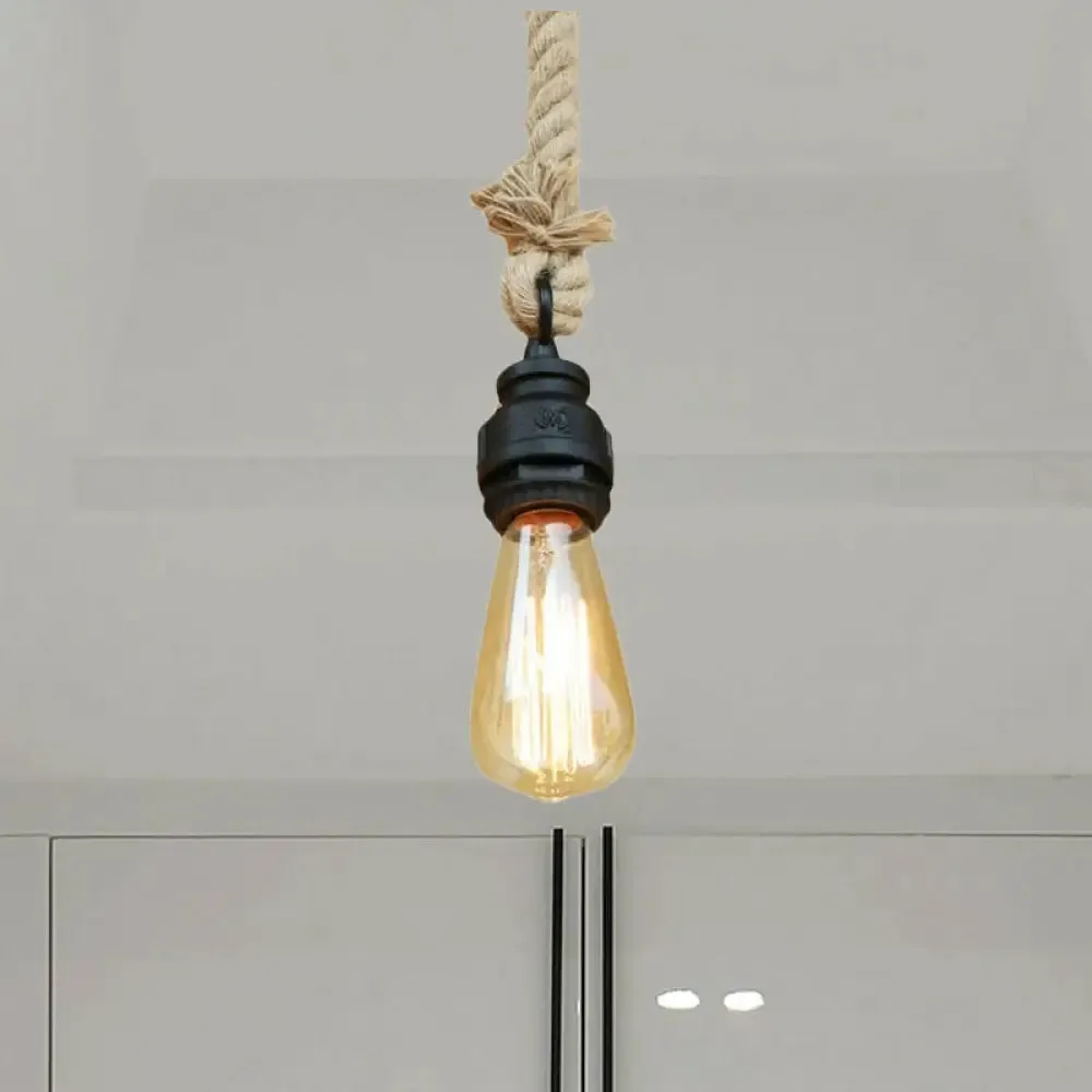 Farmhouse Style Black Metal & Rope Pendant Light with Exposed Bulb