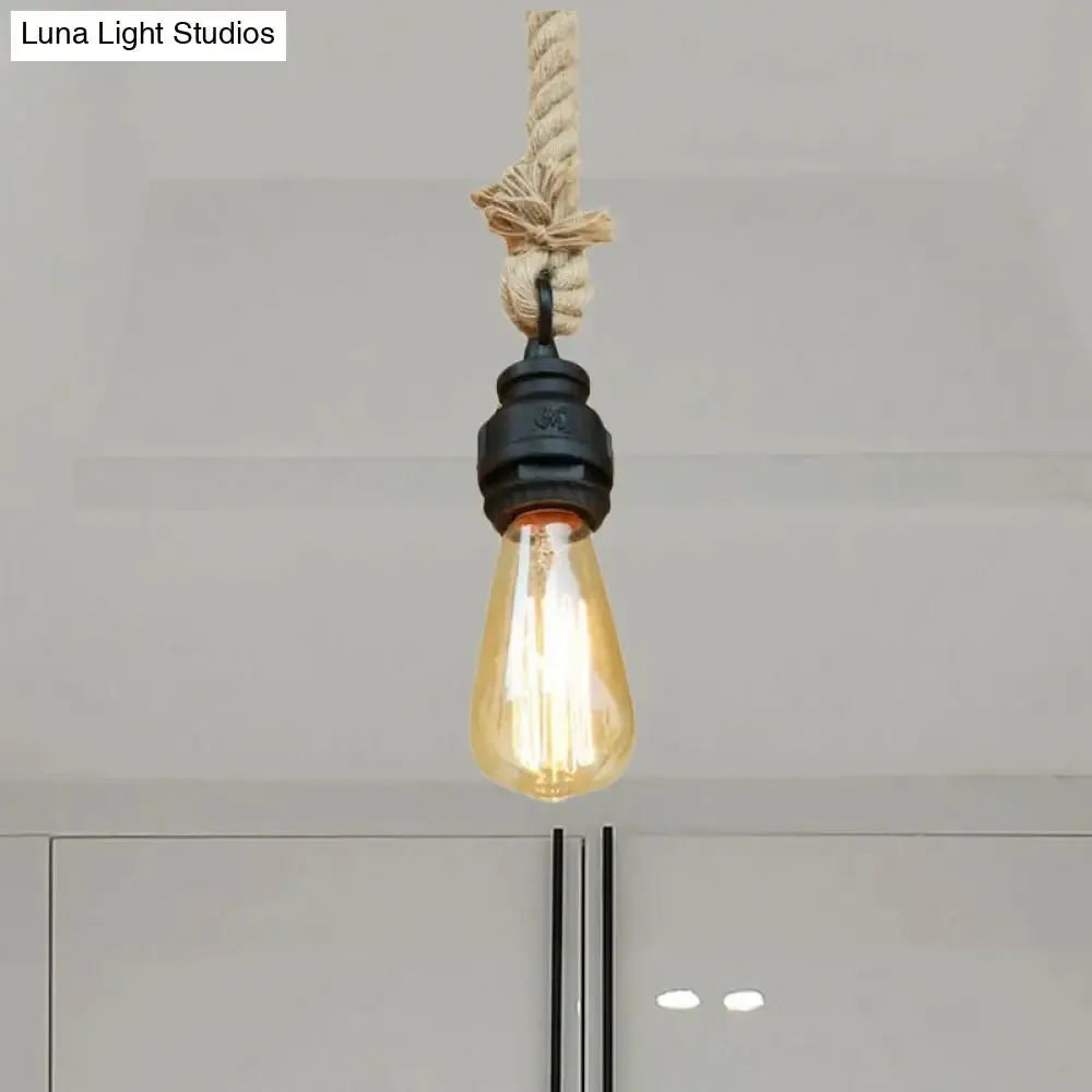 Farmhouse Style Black Metal & Rope Pendant Light with Exposed Bulb