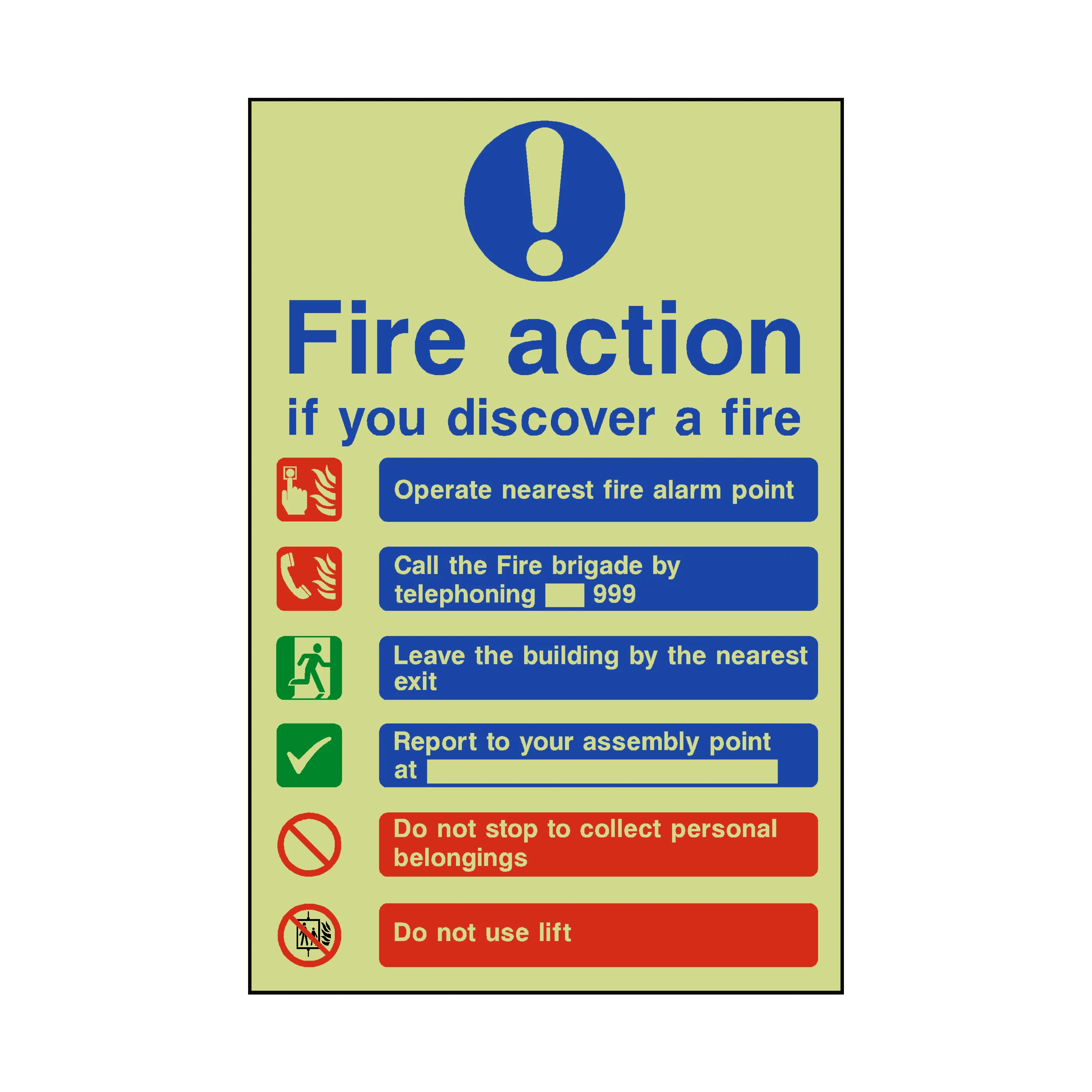 Fire Action Lift & Telephone Photoluminescent Sticker