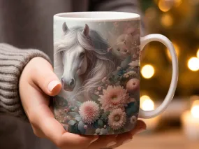 Floral Horse Mug, Enchanted Animal Coffee Cup, Fantasy Equine Art, Gift for Horse Lovers, Dainty Flowers Design, Unique Drinkware