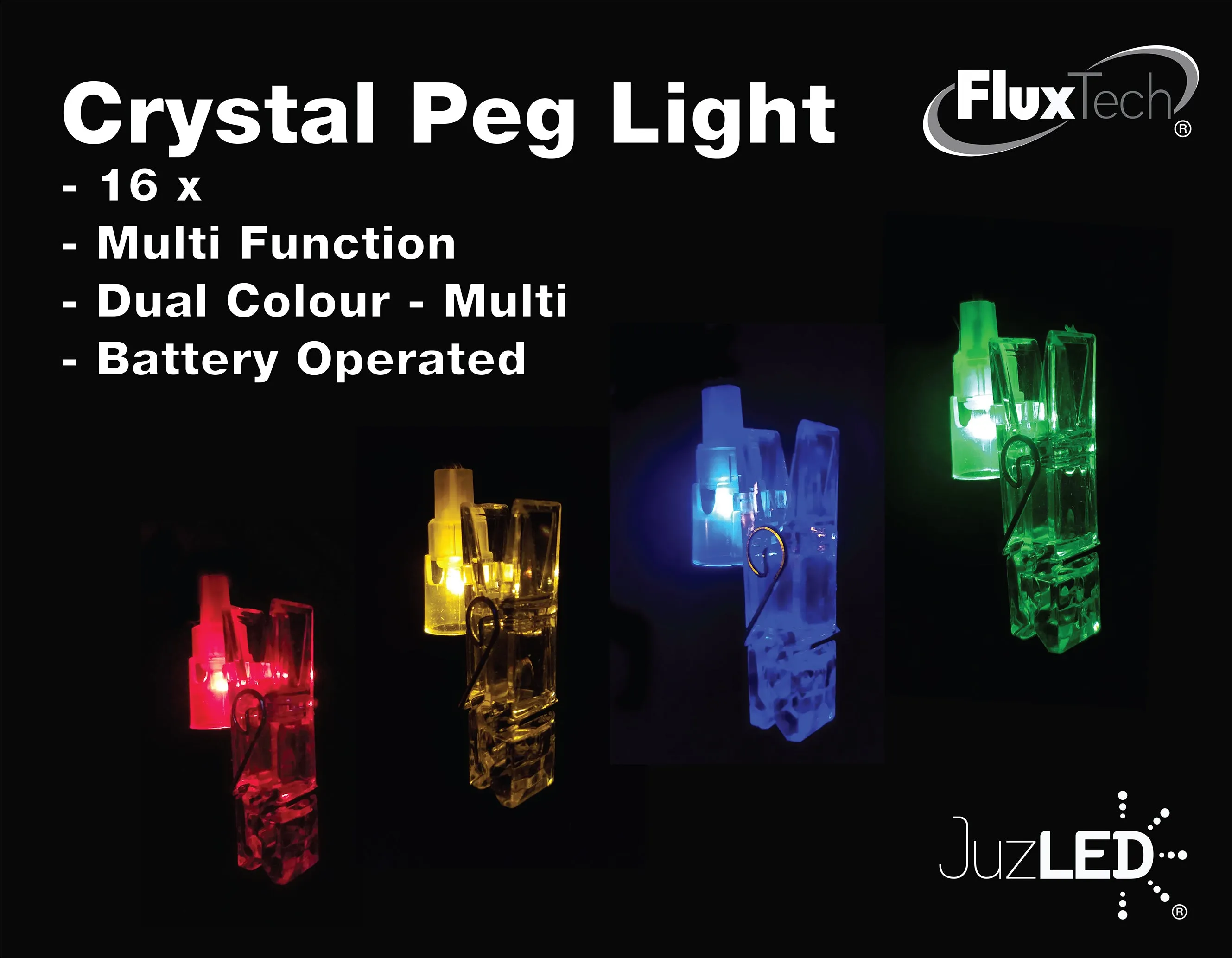 FluxTech - Crystal Peg 16 x Dual Colour LED String Lights by JustLED – Multi-function Effect – Timer function - Battery Operated