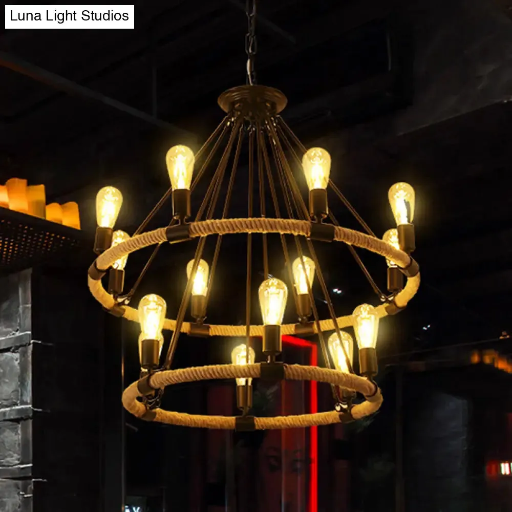 Hemp Rope Chandelier Pendant Light - Vintage Restaurant Hanging Light in Flaxen