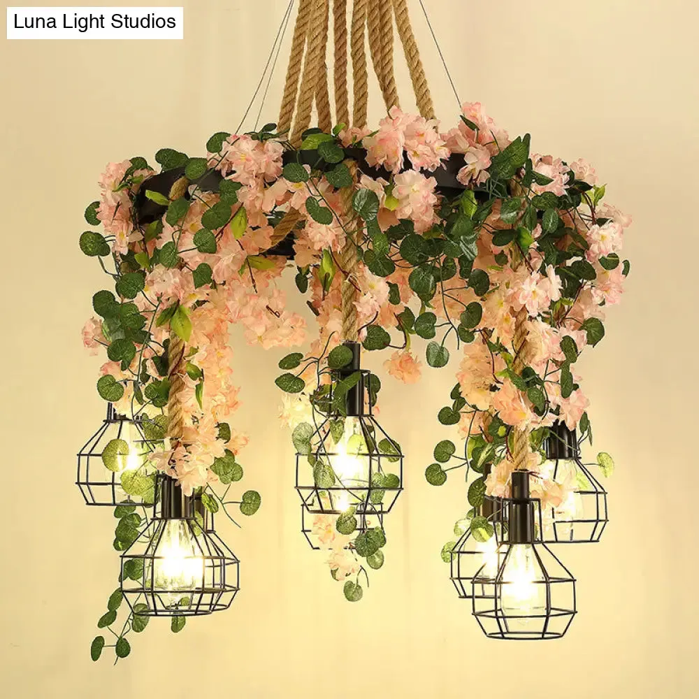 Industrial 8-Bulb Cluster Pendant Light - Hemp Rope LED Flower Hanging Lamp Kit in Black