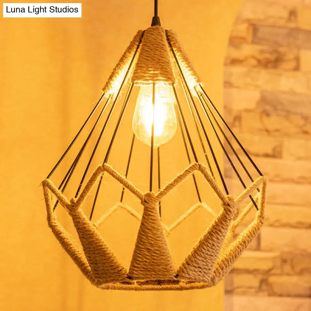 Industrial Beige Rope Pyramid Cage Pendant Light for Coffee Shop