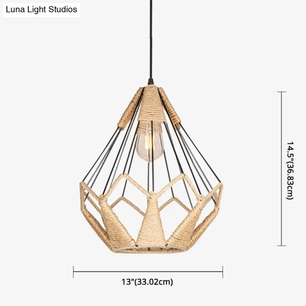 Industrial Beige Rope Pyramid Cage Pendant Light for Coffee Shop