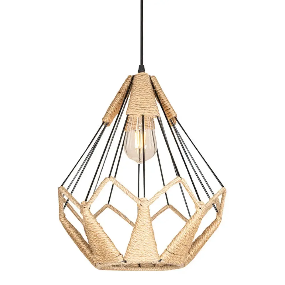 Industrial Beige Rope Pyramid Cage Pendant Light for Coffee Shop