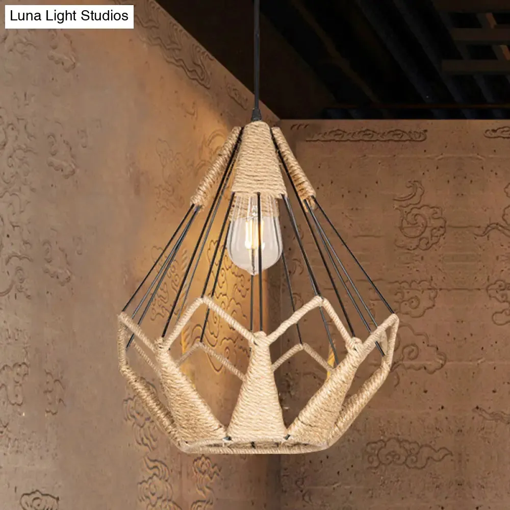 Industrial Beige Rope Pyramid Cage Pendant Light for Coffee Shop