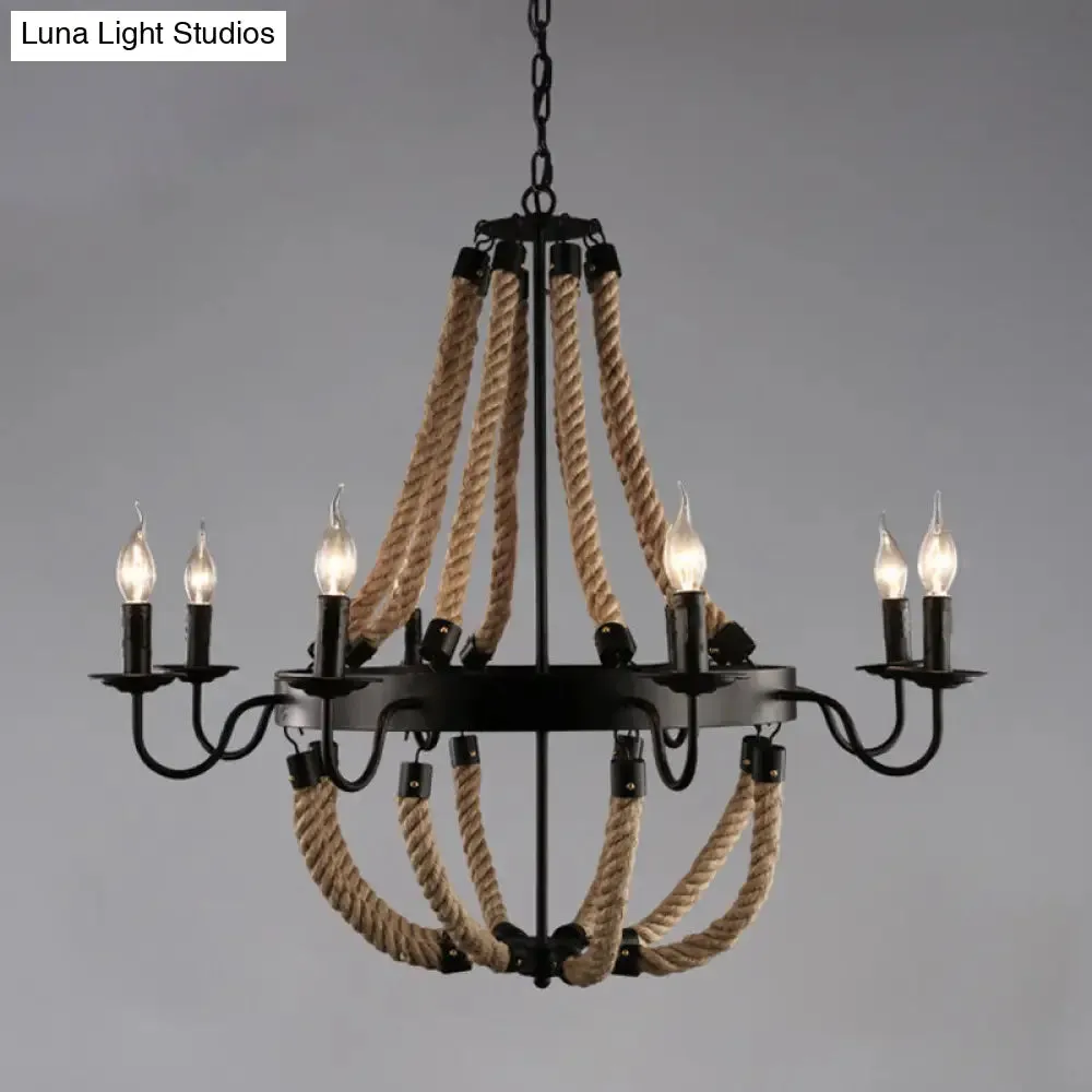 Industrial Black Circle Iron Ceiling Light with Hemp Rope - Ideal for Restaurants