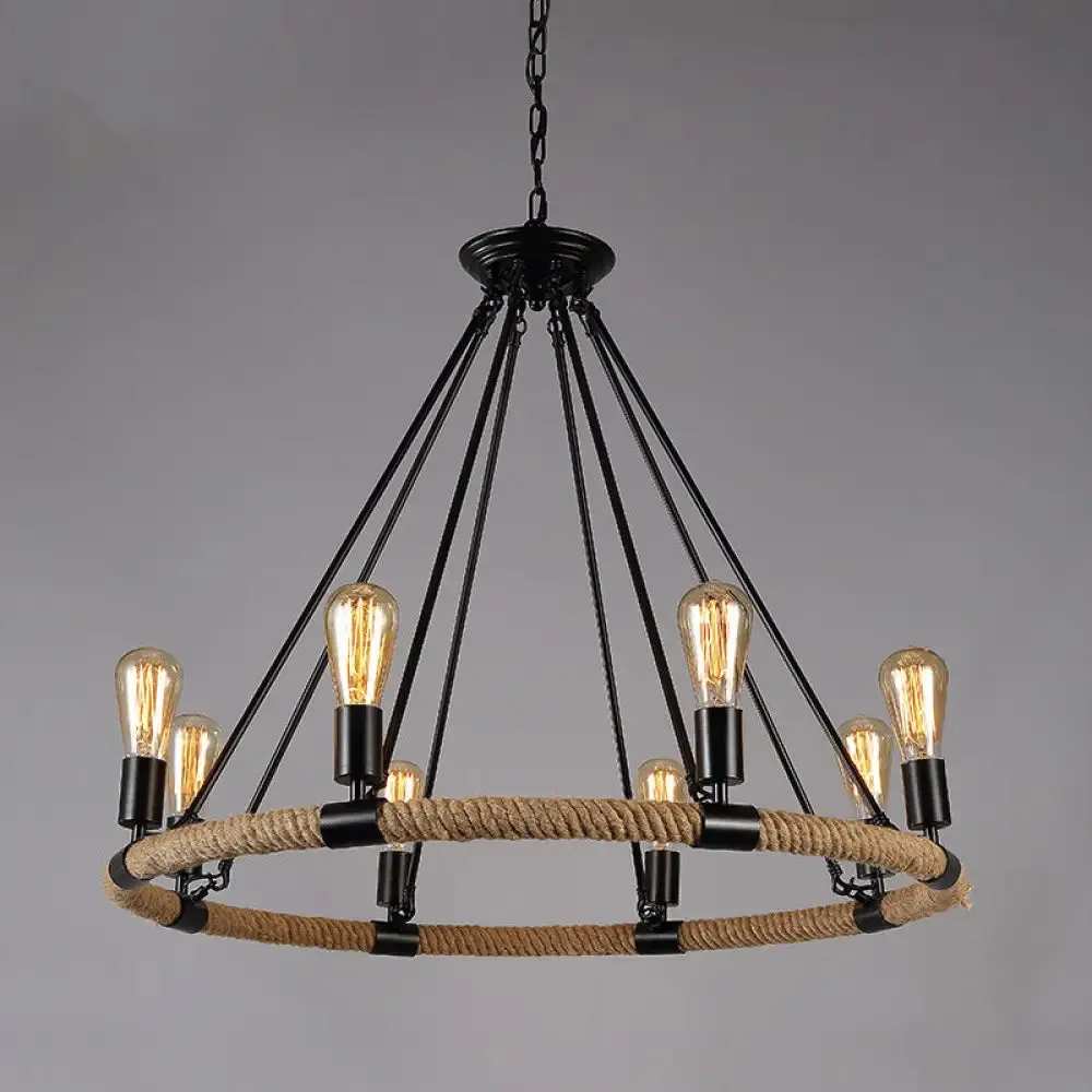 Industrial Black Circle Iron Ceiling Light with Hemp Rope - Ideal for Restaurants