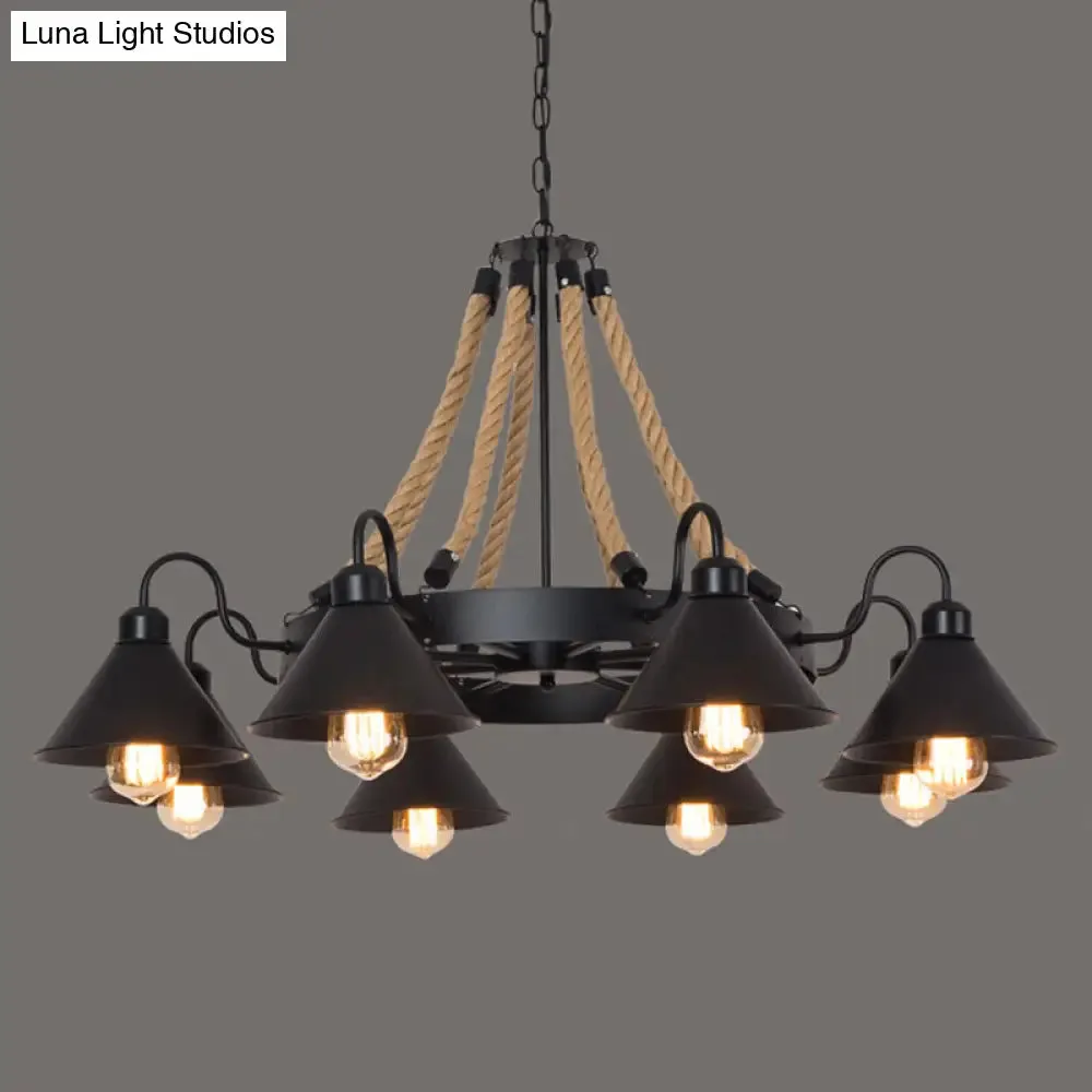 Industrial Black Circle Iron Ceiling Light with Hemp Rope - Ideal for Restaurants